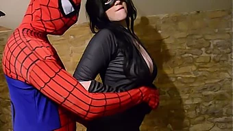 Busty Catwoman Gets Orgasm From Spiderman'S Web