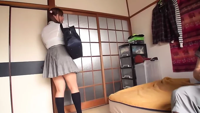 Japanese babe in uniform gets pounded hard and takes cumshot